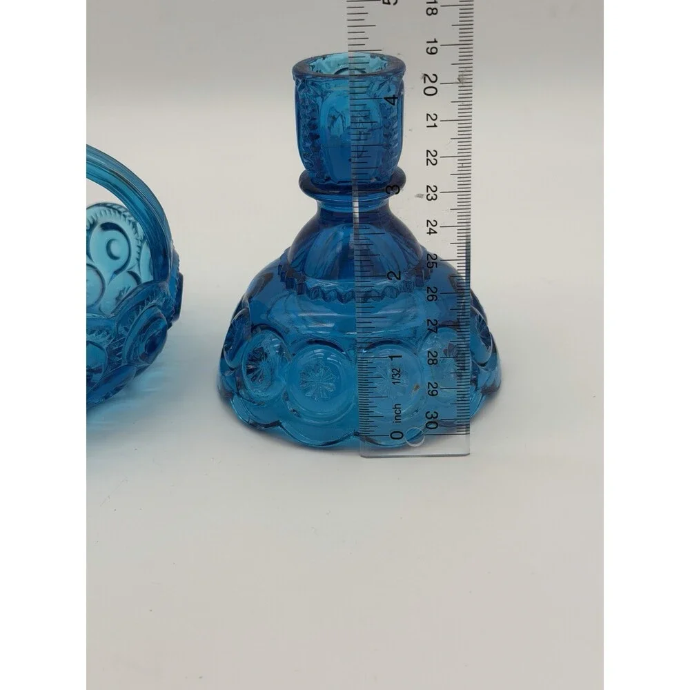 MCM LE Smith Moon & Stars Art glass basket & Candleholder colonial blue Set